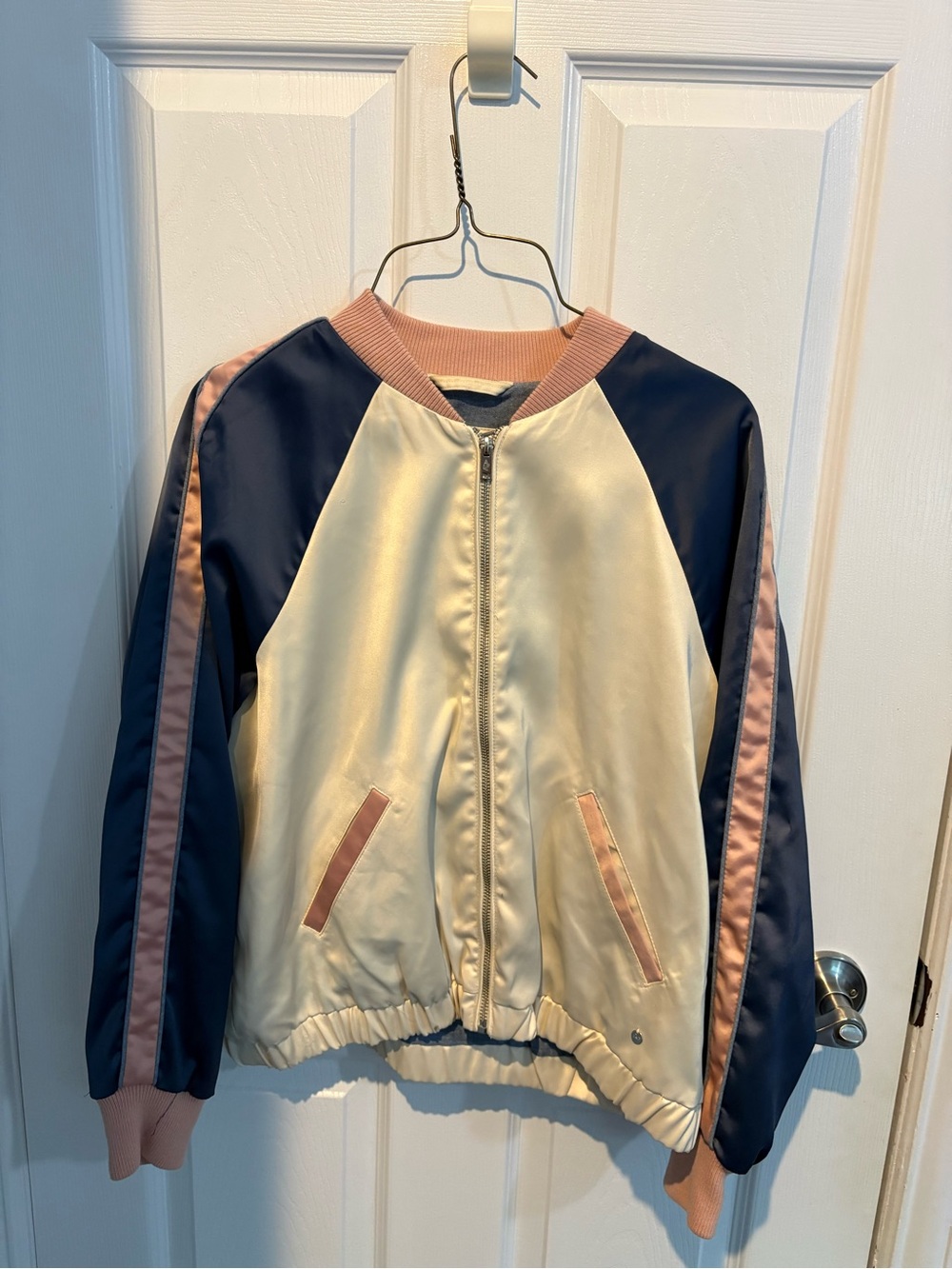Abercrombie & Fitch Colorblock Satin Bomber Jacket - Cream, Navy & Blush